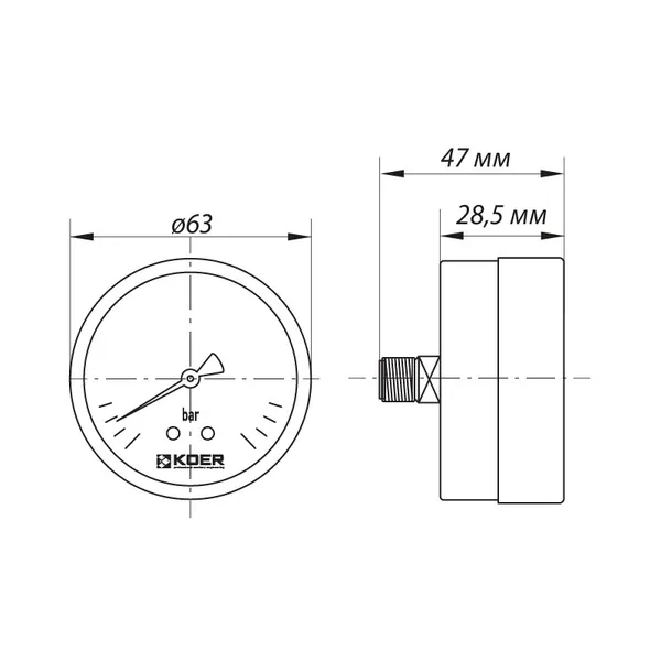 Манометр аксіальний (KOER KM.611A) (0-10 bar), D 63мм, 1/4'' (KR0212)