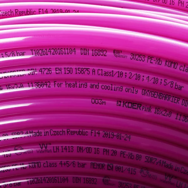 Труба для теплої підлоги з кисневим бар'єром Koer PEX-B EVOH 16 * 2,0 (pink) (400 м) (KR2852)