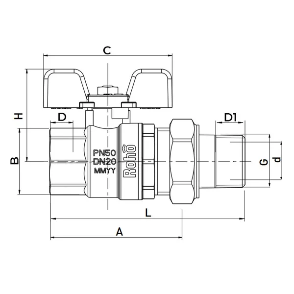 Кран із американкою прямий Roho R105-100 - 1" (RO0088)