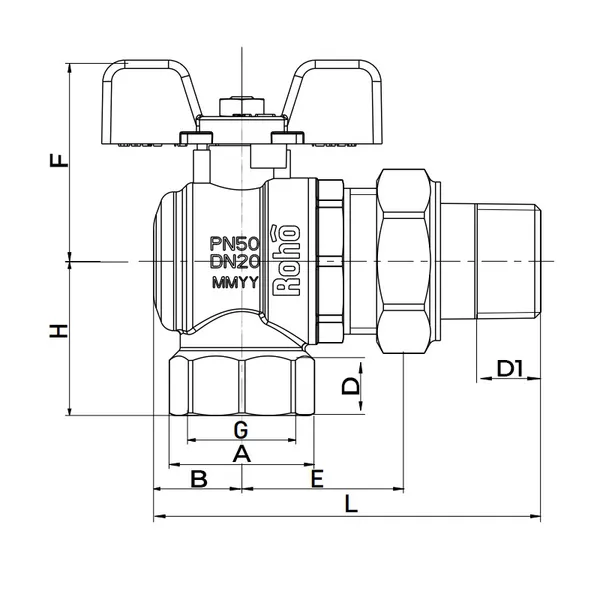 Кран з американкою Roho R106-075 - 3/4" кутовий (RO0090)