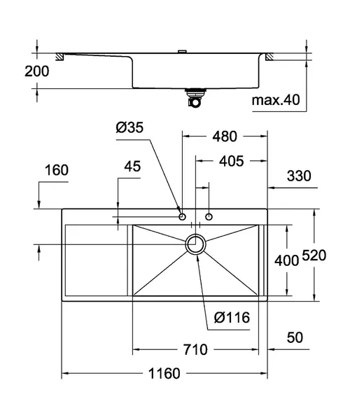 Мийка кухонна Grohe EX Sink K1000 (подвійне крило зліва) (31582SD0)