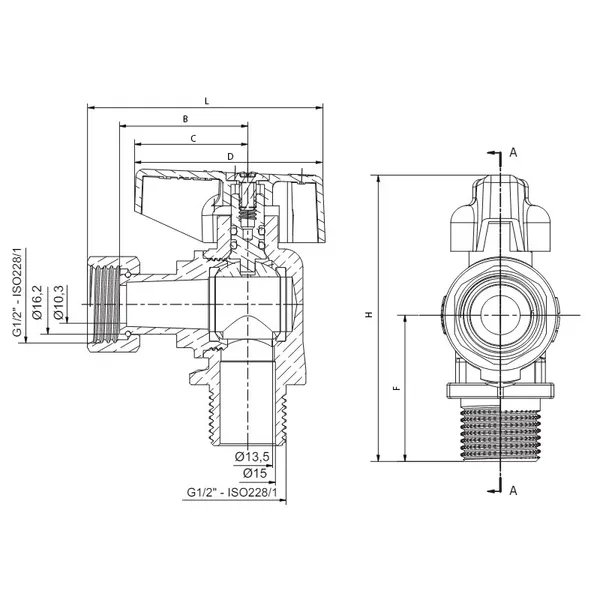 Кран кульовий кутовий Н/Г Roho R116-050B -1/2"х1/2" ВЗ, ручка "метелик" чорна  (RO0236)