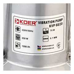 Вібраційний насос одноклапанний верхній забір Koer KVP 60/20 H=70M, Q=1,2кбМ, P=250, 20м каб.,обм-мідь (KP3144)