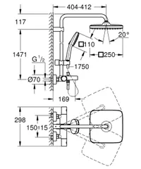 Душова система настінного монтажу Grohe Tempesta System 250 Cube з термостатом для ванни (266912431)
