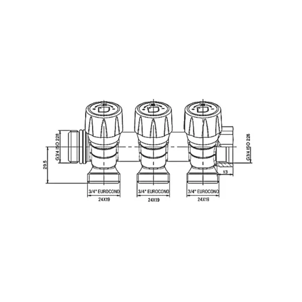 Колектор з регулюючими вентилями на 3 вих. Roho R809-03 - 3/4"x3/4" EK (RO0250)