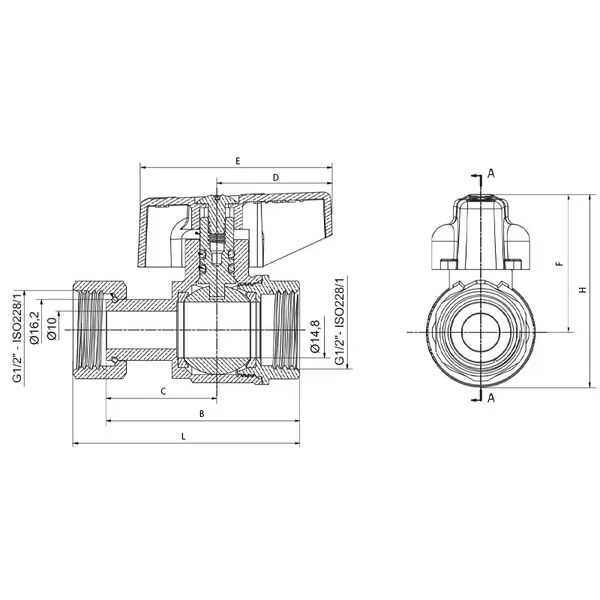 Кран кульовий Roho R115-050B -1/2"х1/2" прямий Н/Г, ручка "метелик" чорна (RO0232)