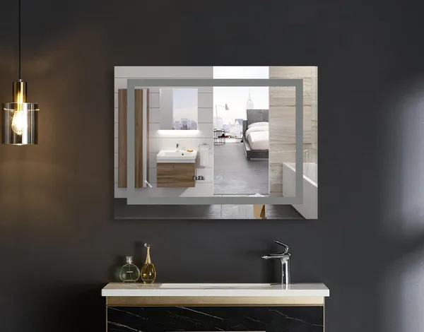 Дзеркало Mixxus WARM MR02-90x70-CASE з Led Touch, Anti-fog, димером, регулятором яскравості, годинником (MI6674)