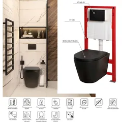 Комплект: Mixxus Premium Bevel-SET-2101 Black Унітаз система змиву Tornado 1.0+ Інсталяція Koer KT-0404 + панель KT-0604-05 Black