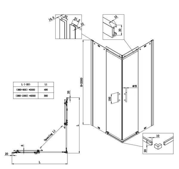 Душова кабіна без піддону Koer SR SC03-100x100x200-TR-01 прозоре скло Easy Clean 6мм, хром (KR5357)