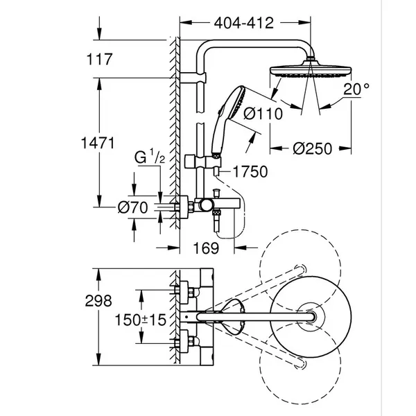 Душова система настінного монтажу Grohe Tempesta System 250 з термостатом для ванни (26672001)