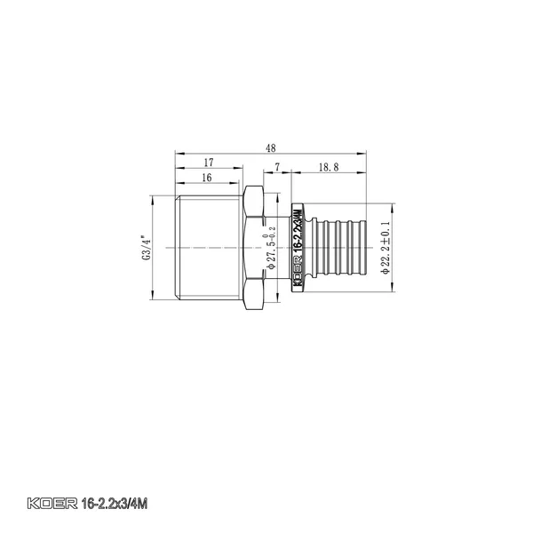 Перехідник з ЗР Koer KA.A08M-16 - 16(2.2mm) x 3/4"M (KR4850)