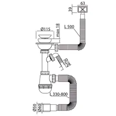Сифон для кухні Mixxus SK-02-B 3 1/2"x40 з нерж.сіткою, відведенням для пральної машини, гнучким прямок. переливом (MI8195)