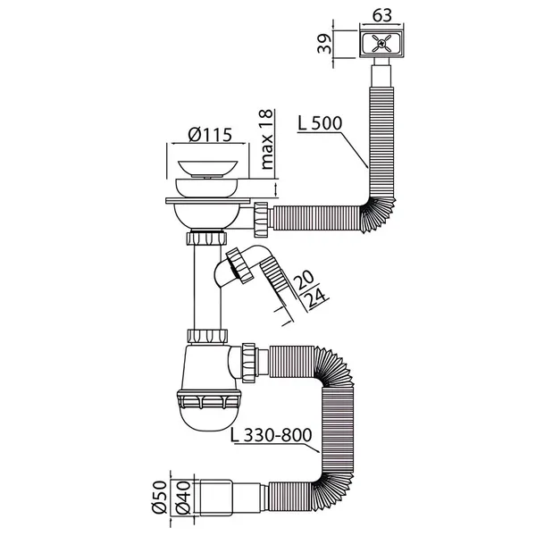 Сифон для кухні Mixxus SK-02-B 3 1/2"x40 з нерж.сіткою, відведенням для пральної машини, гнучким прямок. переливом (MI8195)
