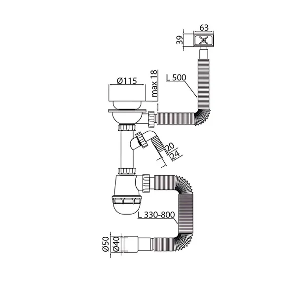 Сифон для кухні Mixxus SK-05-BL 3 1/2"x40 з пластиковою сіткою, відведенням для пральної машини, гнучким прямок. переливом