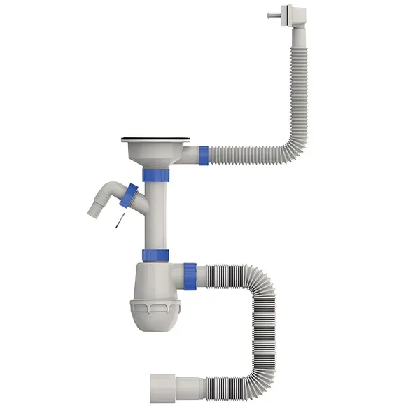 Сифон для кухні Mixxus SK-05-WH 3 1/2"x40 з пластиковою сіткою, відведенням для пральної машини, гнучким прямок. переливом
