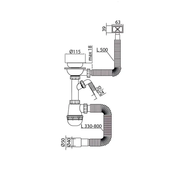 Сифон для кухні Mixxus SK-05-WH 3 1/2"x40 з пластиковою сіткою, відведенням для пральної машини, гнучким прямок. переливом