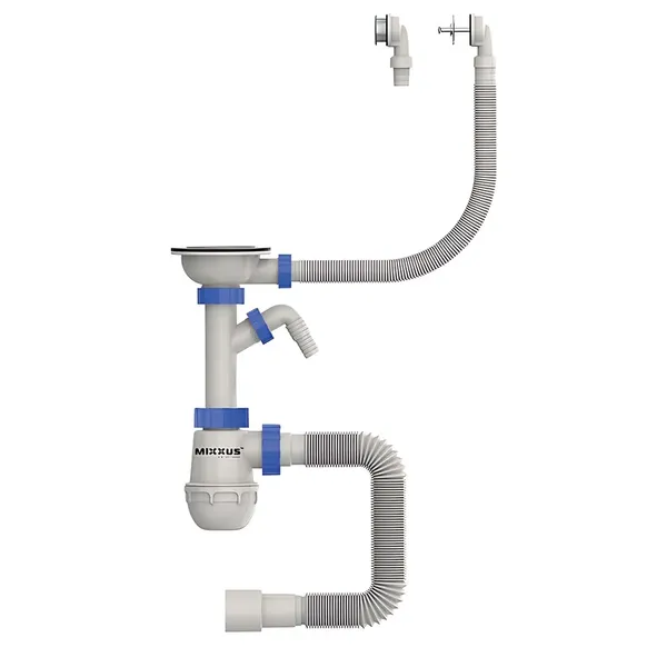 Сифон для кухні Mixxus SK-07-B 3 1/2"x40 з нерж.сіткою, відведенням для пральної машини, гнучким круг. переливом (MI8199)