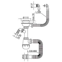 Сифон для кухні Mixxus SK-07-B 3 1/2"x40 з нерж.сіткою, відведенням для пральної машини, гнучким круг. переливом (MI8199)