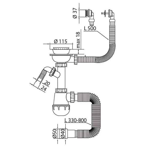 Сифон для кухні Mixxus SK-07-B 3 1/2"x40 з нерж.сіткою, відведенням для пральної машини, гнучким круг. переливом (MI8199)