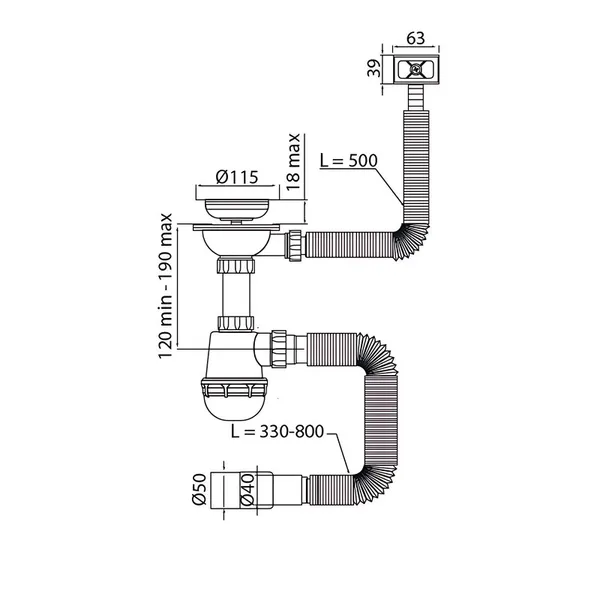 Сифон для кухні Mixxus SK-02-A 3 1/2"x40 з нержавіючою сіткою, гнучким прямокутним переливом (MI8194)