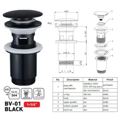 Донний клапан для раковини Zerix BV-01 BLACK 1 1/4'' з переливом автоматичний СLICK-СLACK (Колір чорний) (ZX6016)