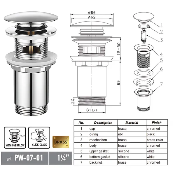 Донний клапан для раковини Koer PW-07-01 1 1/4'' з переливом автоматичний СLICK-СLACK (Колір хром) (KR5782)
