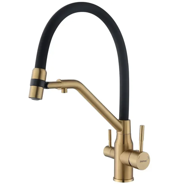 Змішувач для кухні з силіконовим виливом Zerix MAG-021 Brushed Gold Refl.Black з нерж. сталі SUS304 з виходом для пит.води