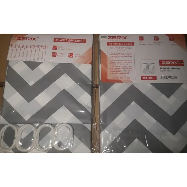 Шторка для ванної Zerix SCP-016-180x200 з PEVA (поліетиленвінілацетату) (Візерунок "Зигзаг" біло-чорний) (ZX6089)
