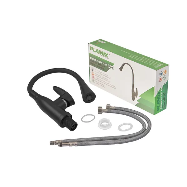 Змішувач для кухні PLAMIX CEZAR-011-B SET MATTE BLACK REFL.BLACK з силіконовим виливом, з підведенням (PM0719)