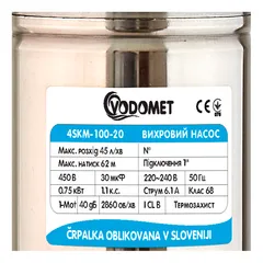Насос свердловинний вихровий Vodomet 4SKM-100-20 Н=62М, Q=2,7кбМ, P=0,75кВт, вбуд. конденс.20м каб.(VO4301)