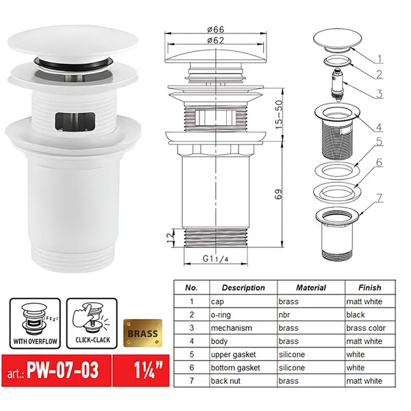 Донний клапан для раковини Koer PW-07-03 1 1/4'' з переливом автоматичний СLICK-СLACK (Колір білий) (KR5783)