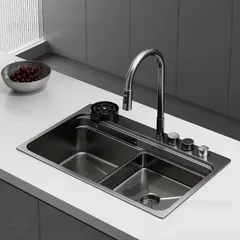 Мийка Zerix ZH7548-SET-03 Nano-Black з вбудованим змішувачем з нерж. сталі (ZM5577)