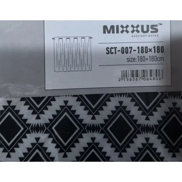 Шторка для ванної Mixxus SCT-007-180x180 з поліестеру із вбудованими кільцями (Візерунок "Соти" чорно-білий) (AC0648)