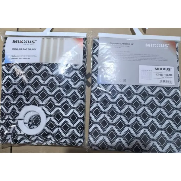 Шторка для ванної Mixxus SCT-007-180x180 з поліестеру із вбудованими кільцями (Візерунок "Соти" чорно-білий) (AC0648)