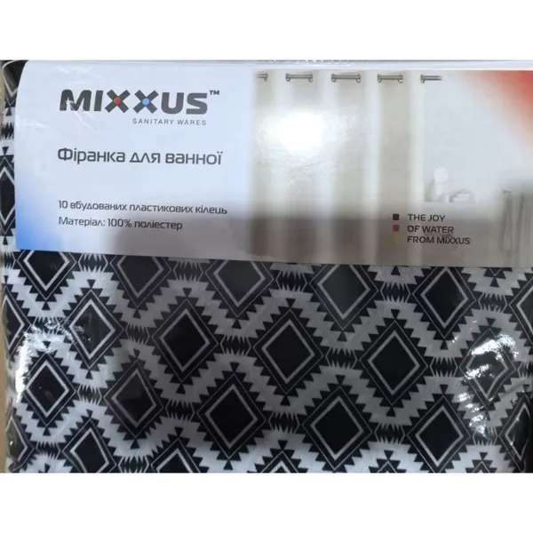 Шторка для ванної Mixxus SCT-007-180x180 з поліестеру із вбудованими кільцями (Візерунок "Соти" чорно-білий) (AC0648)