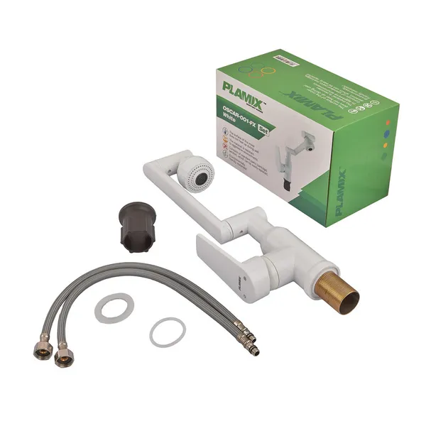 Змішувач для умивальника з регульованим виливом Plamix Oscar-001-FX SET White (з підведенням) (Колір білий) (PM6105)