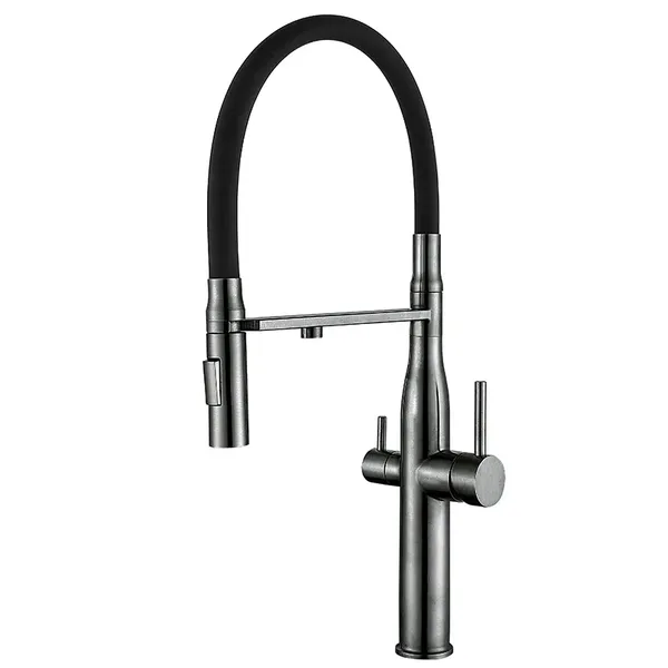 Змішувач для кухні MIXXUS VTM-021 GRAPHITE REFL.BLACK з гнучким виливом з нерж. сталі SUS304 з виходом для питної води (Колір графіт+вилив чорний) (MI6088)